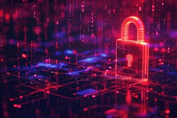 A padlock on a circuit surrounded by red and blue lights. Suitable for security concepts