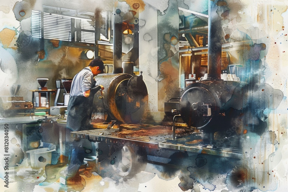 Poster a man working in a factory, suitable for industrial concepts