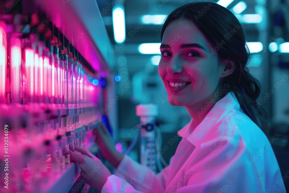 Poster a woman in a lab coat working on a machine. suitable for educational and scientific concepts