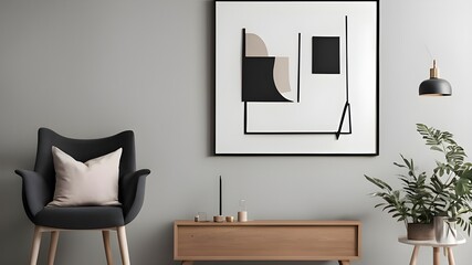 Mock up frame hang on wall with wooden cabinet or armchair 