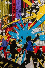 Pop art street scene inspired by a comic book panel, exaggerated figures, bold colors, and action lines