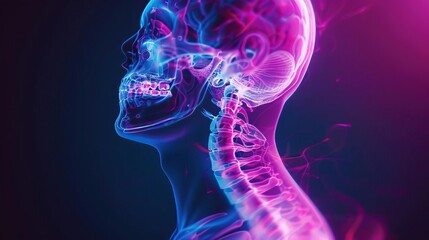 A highresolution Xray of the neck, creatively rendered with neon accents to spotlight key vertebrae and structures involved in the pathophysiology of migraine headaches