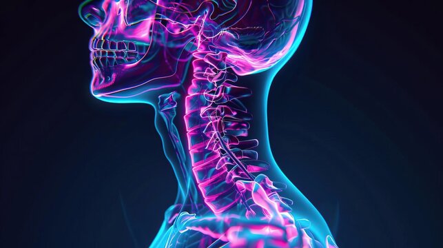 A highresolution Xray of the neck, creatively rendered with neon accents to spotlight key vertebrae and structures involved in the pathophysiology of migraine headaches