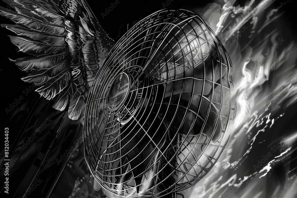 Poster black and white photo of a fan with wings. suitable for various design projects