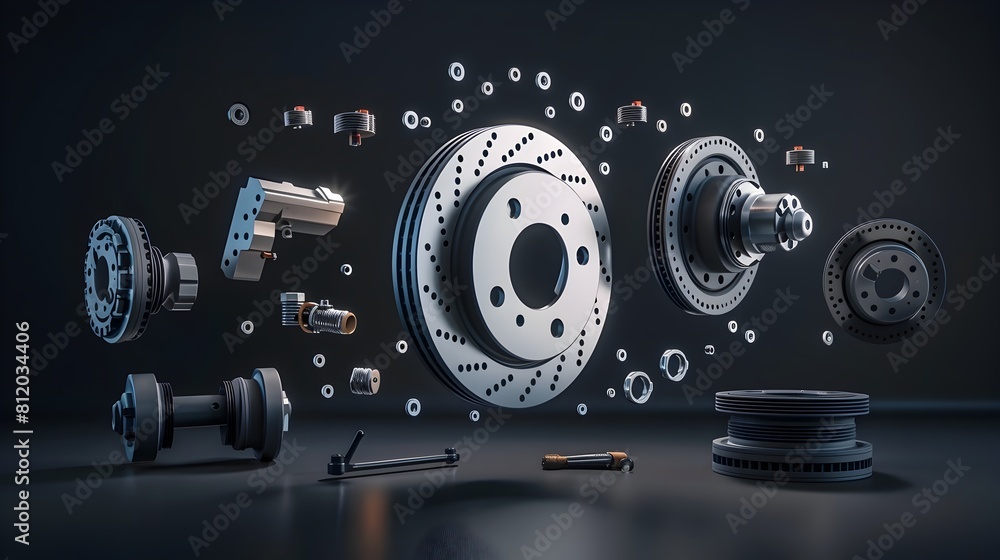 Poster detailed exploded view of car braking system components floating against dark background