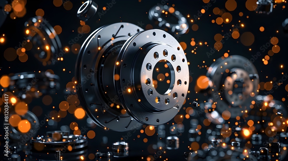 Poster exploded view of car braking system components floating on dark background