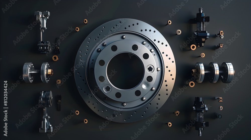 Poster exploded view of automotive brake system components floating against dark background