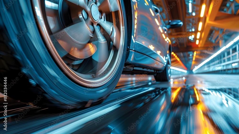 Poster blurred tire spinning on vehicle brake testing track showcasing speed and performance