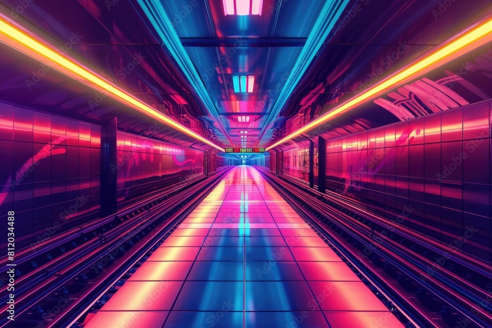 Poster a subway station with a long line of tracks. suitable for transportation and urban infrastructure co