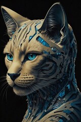Neon Whiskers: The Cyber Cat - A Luminous Portrait with Detailed Circuitry in Intense Blue Shades - obrazy, fototapety, plakaty