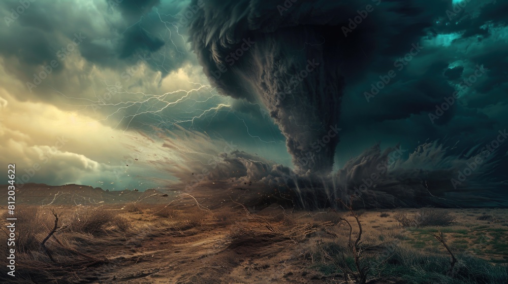 Poster A dramatic image of a large tornado emerging from a field. Suitable for weather or natural disaster concepts