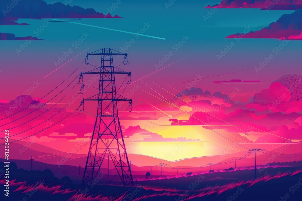 Poster a picturesque sunset with power lines in the foreground. suitable for various projects