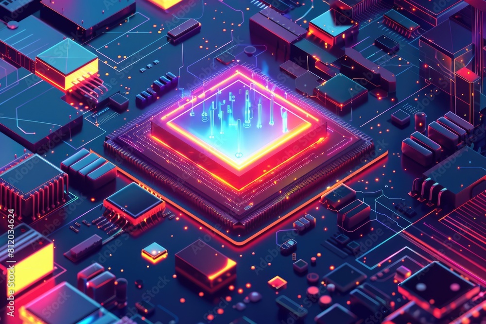 Aufkleber A computer chip surrounded by electronic components. Suitable for technology and innovation concepts