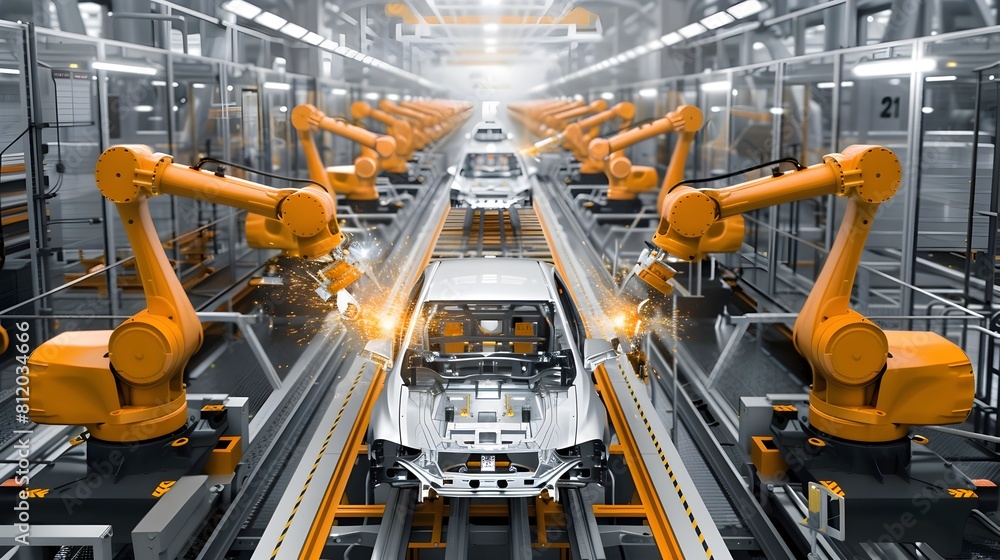 Poster robotic arms assembling car brake components in automated factory line