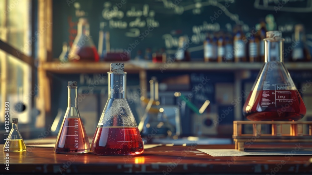 Poster Various flasks displayed on a rustic wooden table, perfect for science or laboratory concepts