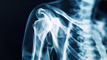 An orthopedic Xray image of the shoulder area, highlighting the vertebrae and scapula in clear detail, uniquely crafted for a chiropractic pain consultation advertisement - obrazy, fototapety, plakaty