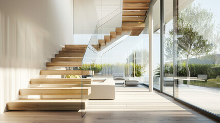 Contemporary wooden staircase with sleek glass details positioned in a high-end home with modern architectural elements
