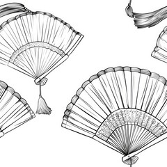 A detailed drawing of three hand fans. Suitable for cultural or artistic themes