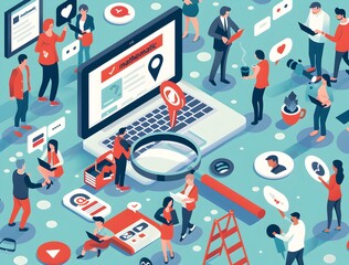 Isometric illustration of people searching data and information in the internet