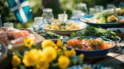 At an outdoor setting the Swedish midsummer solstice celebration featured a vibrant table adorned with a delectable spread a delightful salad comprising smoked salmon freshly boiled new pot