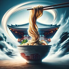 Floating Ramen Bowl with Blurred Pagoda Background - obrazy, fototapety, plakaty