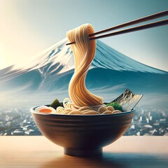 Floating Ramen Bowl with Mount Fuji in Soft Focus - obrazy, fototapety, plakaty