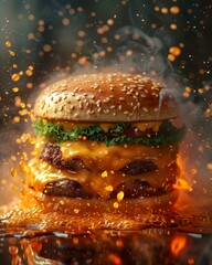 Photo of a beef burger sandwich - obrazy, fototapety, plakaty