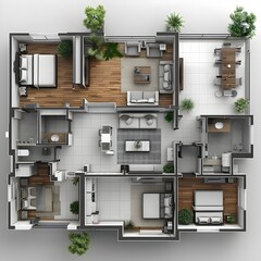 Suburban Home Layout in Flat Design Water Color Top View - obrazy, fototapety, plakaty