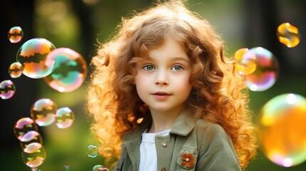 Portrait of Spring Little Girl Soap Bubble Adventure and popping the bubbles