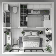 Minimalist Flat Design Blueprint Sleep Area Layout in Monochrome Water Color Theme - obrazy, fototapety, plakaty