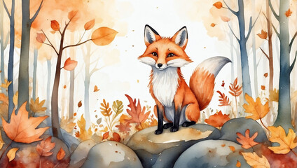 Whimsical Woodlands, Watercolor Children's Book Style Illustration of a Fox in Autumn - obrazy, fototapety, plakaty