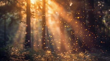 Słońce przebijające się przez drzewa w gęstym lesie, tworząc efekt świetlny wśród liści i gałęzi