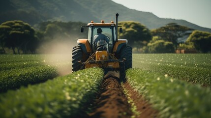 Worker driving tractor spraying green agriculture - obrazy, fototapety, plakaty