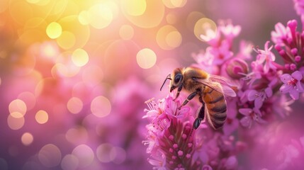 Na zdjęciu przedstawiona jest pszczółka zbierająca nektar z kwiatka. Pszczoła jest blisko, umieszczona na delikatnych płatkach kwiatu