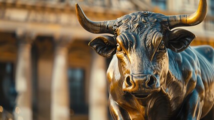 Concept of bull and stock market, statues or figures, emphasizing financial markets and investment themes - obrazy, fototapety, plakaty