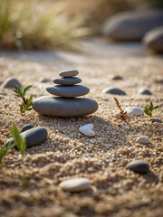 Zen Garden Harmony, Sage Twig and Pebble Rocks Amidst Sand, Natural Serenity - obrazy, fototapety, plakaty