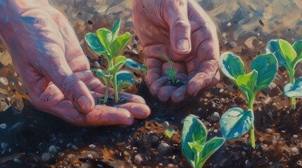 Na obrazie widoczne są dwie ręce trzymające rośliny w ziemi. Obrazuje to proces sadzenia roślin i troskę o naturę - obrazy, fototapety, plakaty