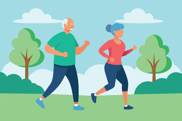 Senior couple engaged in jogging in local park vector design