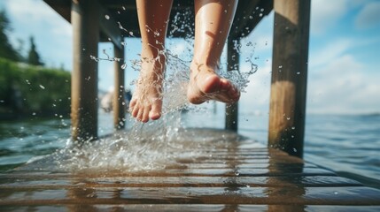 Child s feet swinging joyfully from a dock, splashing water on a lake vacation, capturing childhood and playfulness - obrazy, fototapety, plakaty