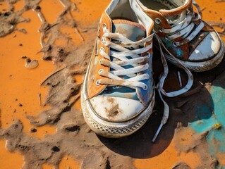 Child s sneakers, heavily scuffed and stained, abandoned in a playground, depicting play and childhood energy - obrazy, fototapety, plakaty