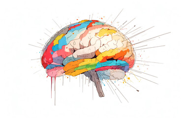 Drawing sketch brain with colorful splash, creativity concept image. - obrazy, fototapety, plakaty