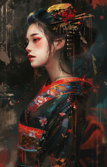 Geisha Portrait - Oil Painting - obrazy, fototapety, plakaty