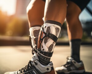 Closeup of a knee brace being adjusted on an athletes leg, focusing on sports injury prevention and care