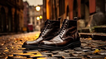 Fashionable boots on cobblestone streets of a historic city district, focusing on style and urban exploration