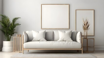 Modern Design of blank mock up frames on wall in living room with sofa or plant in pot 