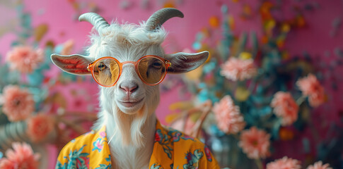 A goat ware sunglasses party on flower vintage background, fancy animal safari concept, copy space cover wallpaper 