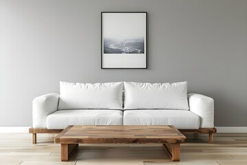 Elegant minimalist modern white sofa in a room, interior design, home architecture