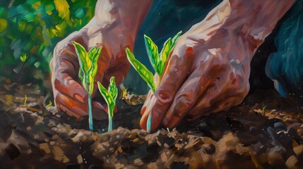 Obraz przedstawia dwie ręce trzymające rośliny rosnące w ziemi