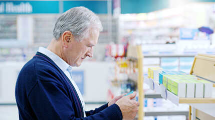 Senior man, medicine and pharmacy for healthcare, pharmaceutical product or wellness and wellbeing for retirement. Elderly people or customer with medication or pills for purchase, decision or choice