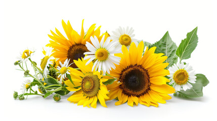 Obraz premium Vibrant, isolated summer flowers like sunflowers and daisies on a white background, summer